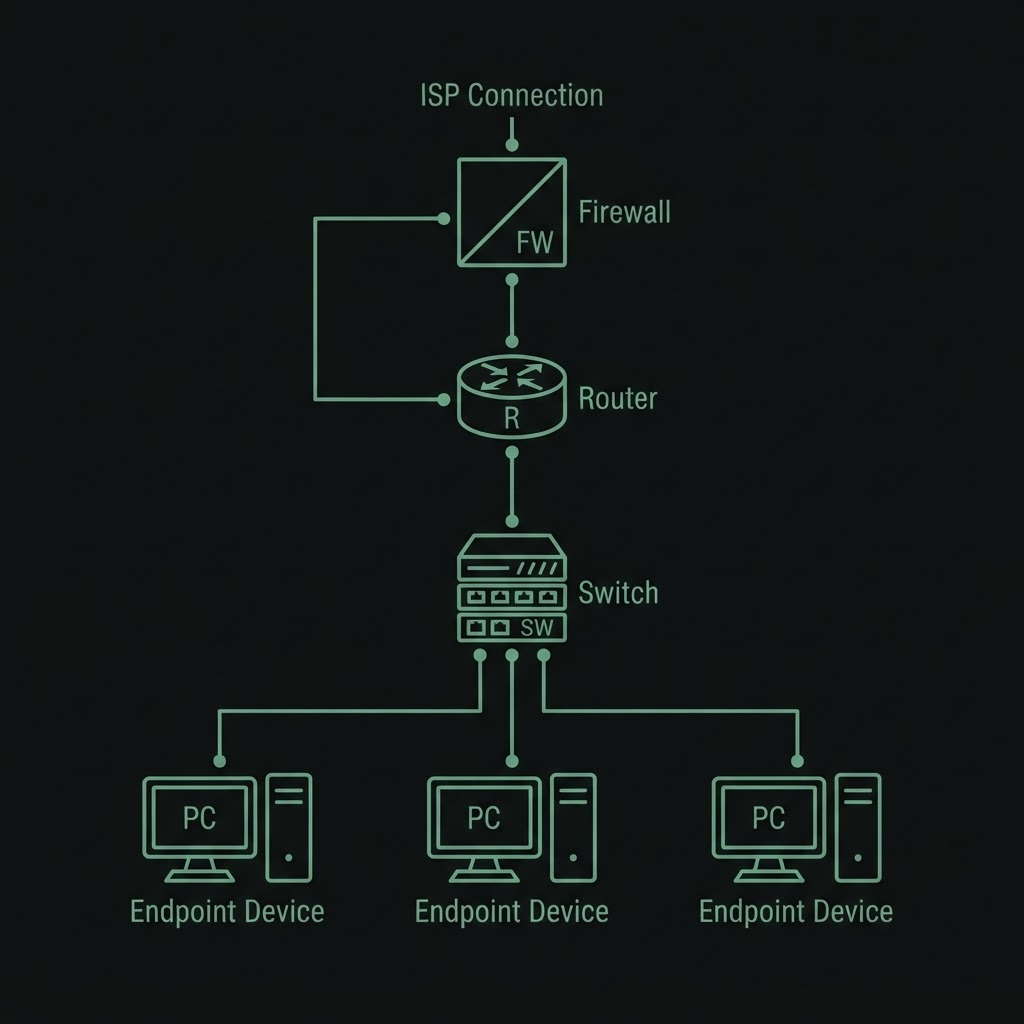 Schematic diagram of a firewall, router, switch and endpoint devices connected in a small network