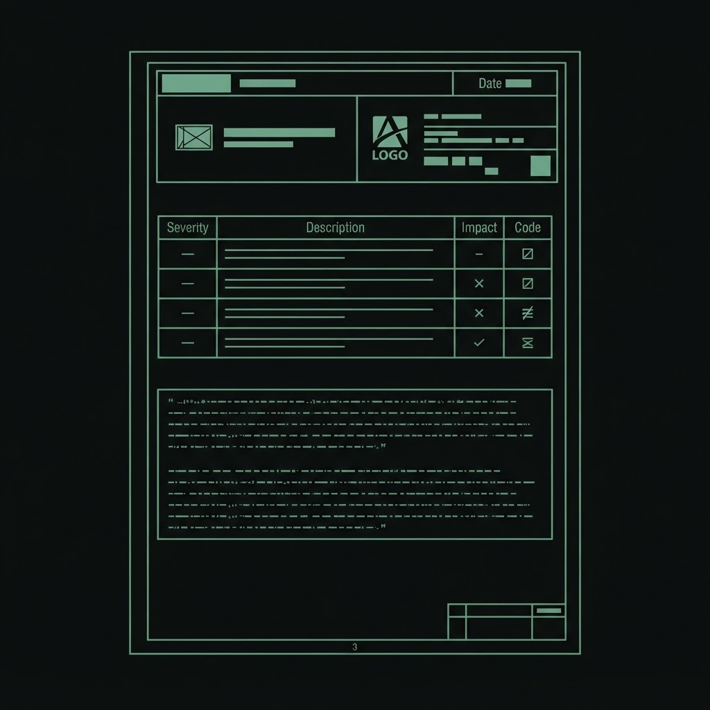 Schematic diagram of a report page showing a cover block, a severity table and quoted configuration lines
